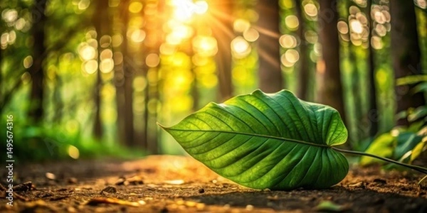 Obraz Golden sunlight illuminating a single vibrant green leaf resting on a forest path
