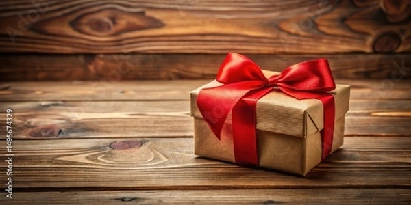 Fototapeta A thoughtfully wrapped gift box with a vibrant red ribbon, resting elegantly on a rustic wooden surface.