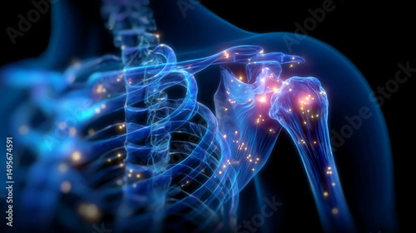 Fototapeta Labeled educational graphic of shoulder joint focusing on the labrum, glenoid cavity, and rotator cuff tears. Highlighted pain zones and tendon structure for anatomical clarity, pe