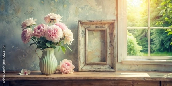 Fototapeta Rustic Windowsill Still Life Featuring Delicate Pink Peonies in a Vintage Pitcher and an Ornate Empty Frame