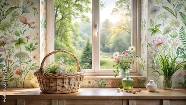 Fototapeta Serene Windowsill Still Life with Blooming Flowers in a Basket and Vase, Sunlight Streaming Through Window, Botanical Wallpaper