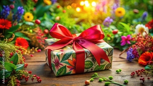Fototapeta A Gift Wrapped in Delightful Floral Design, Adorned with a Vibrant Red Ribbon, Resting Amidst a Bountiful Array of Blossoms