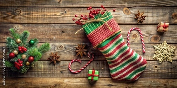 Fototapeta A Festive Christmas Stocking Filled with Winter Berries, Surrounded by Candy Canes, Ornaments, and Gifts on a Rustic Wooden Background