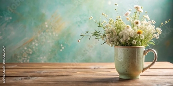 Fototapeta A Rustic Still Life Featuring Delicate Wildflowers in a Light Green Mug on a Wooden Table Against a Textured Teal Background