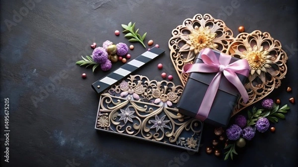 Fototapeta A gift wrapped in dark paper with a light pink ribbon, rests near a film slate and decorative hearts on a dark surface, accented with small flowers and candies.