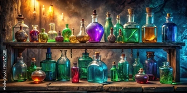 Fototapeta A mystical collection of antique apothecary bottles filled with vibrant, colorful liquids sits on a rustic wooden shelf, bathed in the warm glow of ambient lighting.