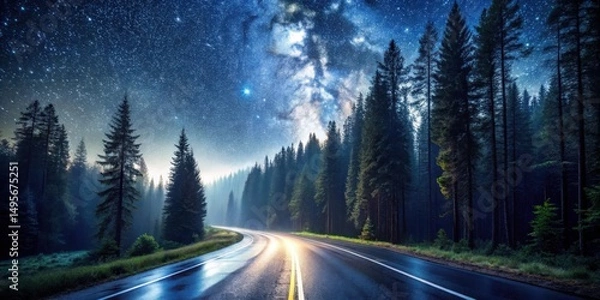 Obraz Nighttime Drive Through an Enchanting Pine Forest Under a Starry Sky with the Milky Way Galaxy Visible