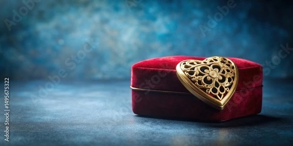 Fototapeta A crimson velvet heart-shaped box rests on a dark surface, adorned with a golden filigree heart, symbolizing love and precious moments.
