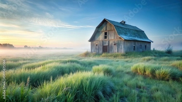 Fototapeta Serene Sunrise Over a Rustic Barn in a Misty Meadow