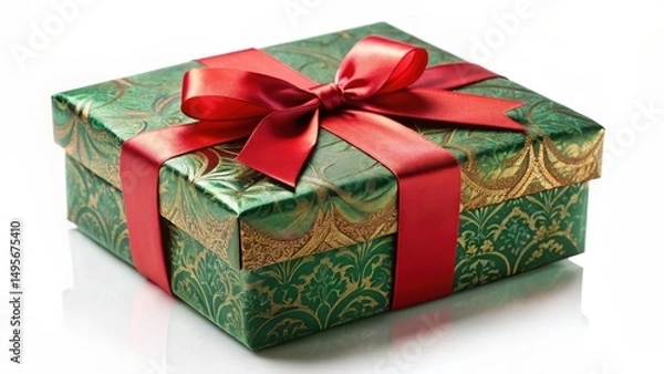 Fototapeta A luxuriously wrapped present, adorned with a vibrant red ribbon and a sophisticated green and gold patterned design, exudes elegance and festive cheer.