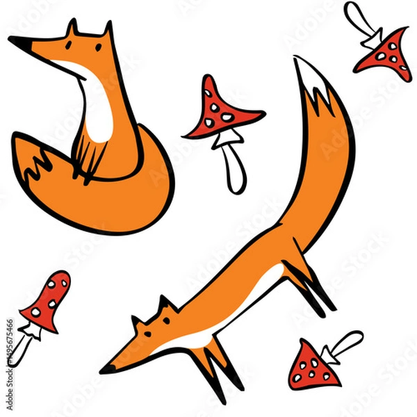 Obraz fox and mushroom doodle seamless pattern kid drawing
