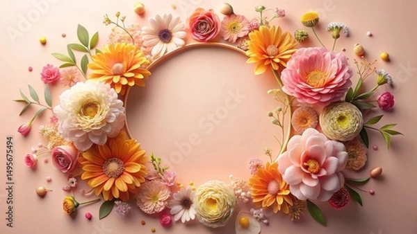 Fototapeta Pastel Blossom Wreath Encircling a Blank Space for Your Message A Delicate Arrangement of Gerberas, Ranunculus, and Other Springtime Blooms on a Soft Peach Background