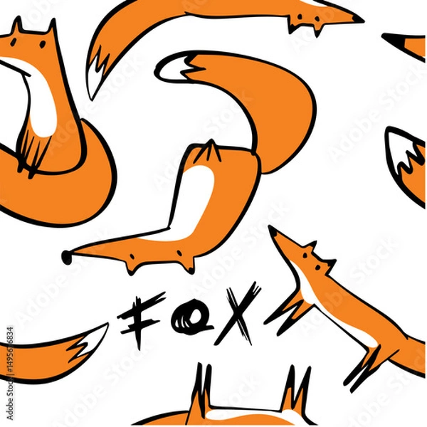 Fototapeta fox doodle seamless pattern kid drawing