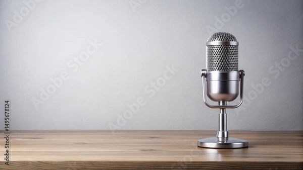 Obraz Retro Microphone on Wooden Table Against a Neutral Background A Still Life Image Ideal for Broadcasting, Podcast, or Communication Concepts