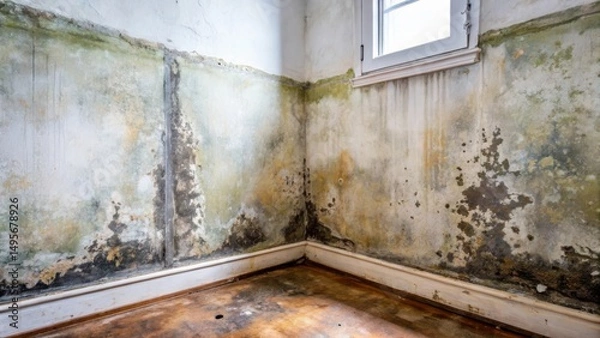 Obraz Severe Water Damage in a Corner Room Showing Extensive Mold Growth and Discoloration