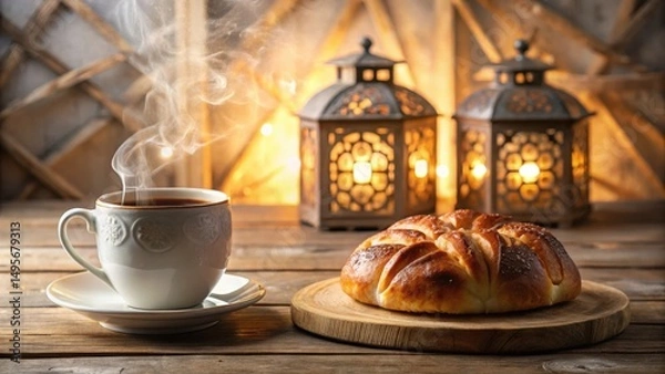 Obraz Warm beverage steaming in a delicate cup, accompanied by a freshly baked sweet bread roll, all set against a softly illuminated backdrop of decorative lanterns.