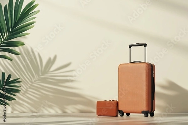 Fototapeta Tan luggage set against a beige wall with palm leaf shadow.