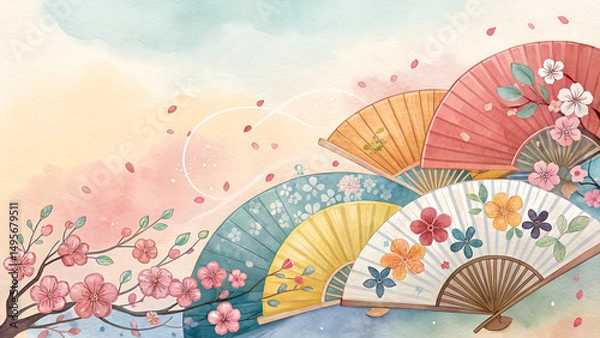 Fototapeta Playful Watercolor Fan Background – Traditional Japanese Floral Motifs Celebrating Gion Matsuri with Copy Space"