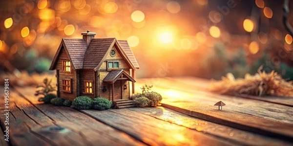 Obraz Warm Evening Glow Illuminates Charming Miniature Wooden House on Rustic Wooden Tabletop