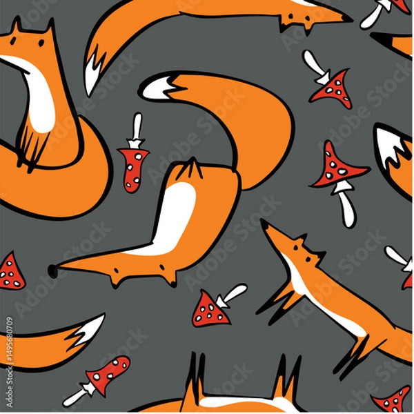 Fototapeta fox and mushroom doodle seamless pattern kid drawing