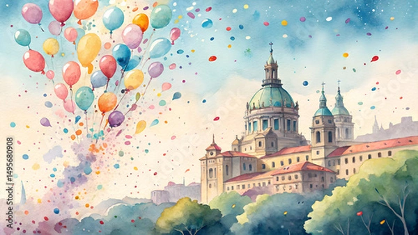 Fototapeta "Colorful Confetti Background – Dynamic Festive Splashes for Virgen del Carmen Celebration with Copy Space"