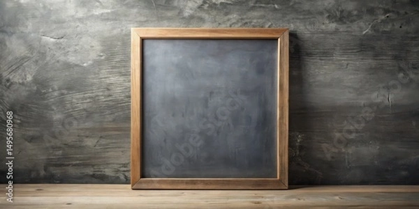 Obraz Blank dark gray chalkboard in rustic wooden frame against textured wall on wood surface