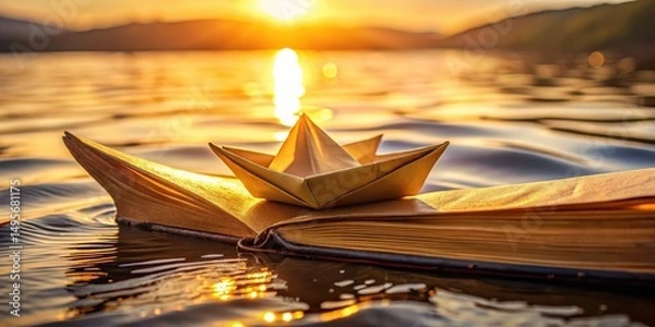 Obraz Golden Hour Voyage A Paper Boat Atop an Open Book Floating Serenely on Calm Water at Sunset