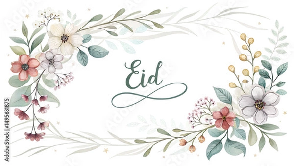Fototapeta "Elegant Watercolor Calligraphy Border with Floral Accents – Minimalist Arabic 'Eid' Design with Copy Space"