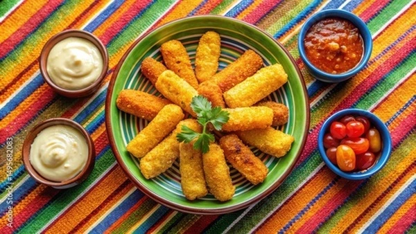 Obraz A Festive Plate of Crispy Fried Cheese Sticks Served with Dipping Sauces and Cherry Tomatoes on a Vibrant Striped Tablecloth