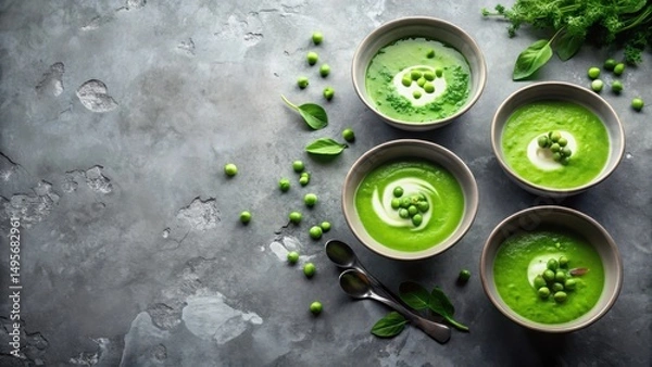Obraz Creamy Green Pea Soup in Elegant Bowls, Garnished with Fresh Peas and Herbs, Served on a Textured Surface