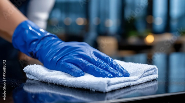 Fototapeta Macro shot of blue-gloved hands running a microfiber cloth along the edge of a conference table, capturing texture of the cloth and shine on the surface, symbolizing professional c