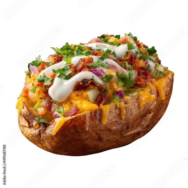 Fototapeta Loaded baked potato with cheese bacon sour cream and herbs on a black isolated background view