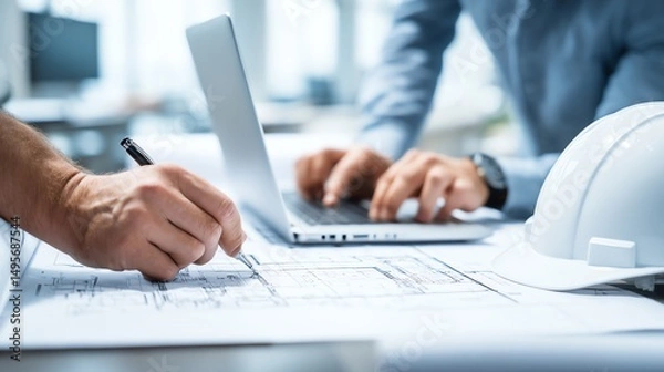Fototapeta Two professionals review blueprints and use a laptop at a desk, with a white safety helmet nearby, suggesting an architectural or engineering project