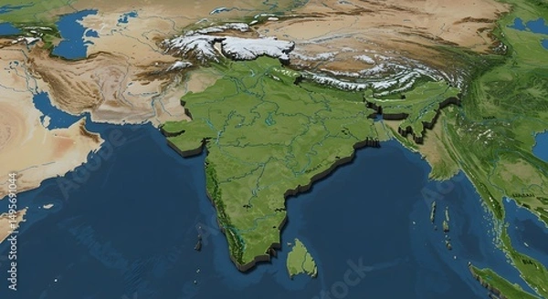 Fototapeta Detailed 3D Relief Map of the Indian Subcontinent Geography, Topography, and Rivers