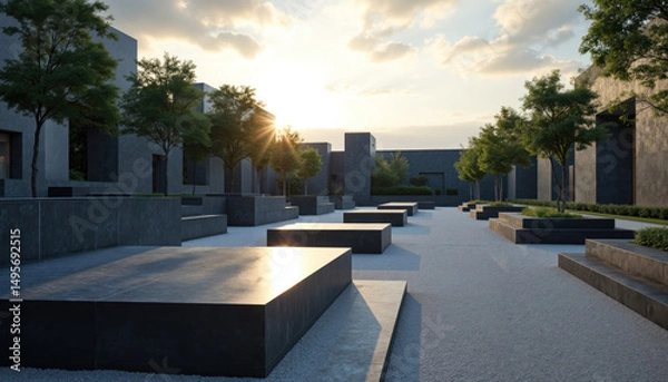 Fototapeta Modern Minimalist Cemetery with Black Granite Tombs and Clean Lines in a Serene Garden Setting, Sunlight Casting Shadows Over Contemporary Memorial Architecture