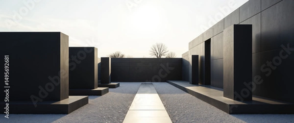 Fototapeta Modern Minimalist Cemetery with Black Granite Tombs and Clean Lines in a Serene Garden Setting, Sunlight Casting Shadows Over Contemporary Memorial Architecture