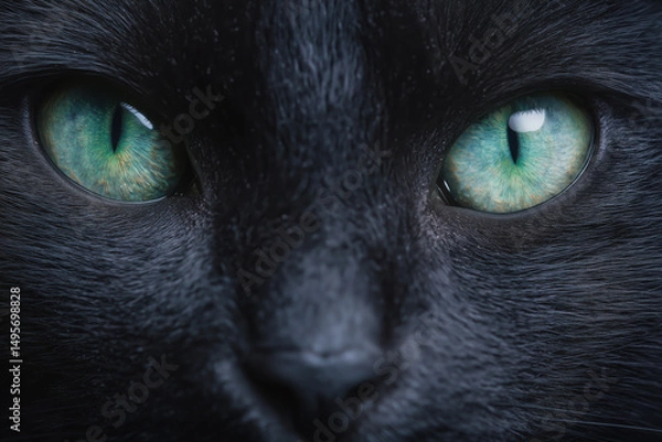 Obraz Extreme close-up of black cat face with green eyes