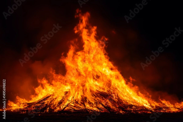 Obraz Large bonfire burning with intense orange flames at night