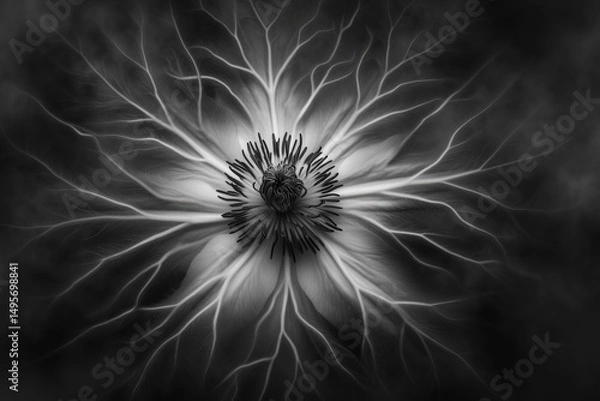 Obraz Black and white macro of abstract flower with radiating petal veins and central stamen structure