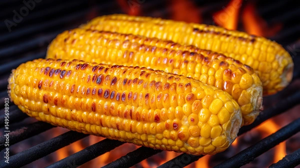 Obraz Grilled corn on the cob cooking over open flame on barbecue grill