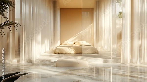 Obraz interior with open bedroom behind soft-tinted glass, sunlight on cream-colored textiles and marble flooring