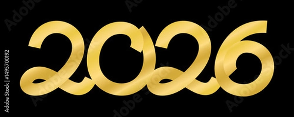 Fototapeta Happy New Year banner with gold 2026 on black background. Holiday poster of new year eve celebration with golden ribbons in numbers shape. Luxury bg with 2026, vector illustration