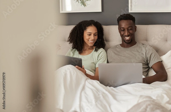 Fototapeta Multiracial couple smiling while using different devices in their bed