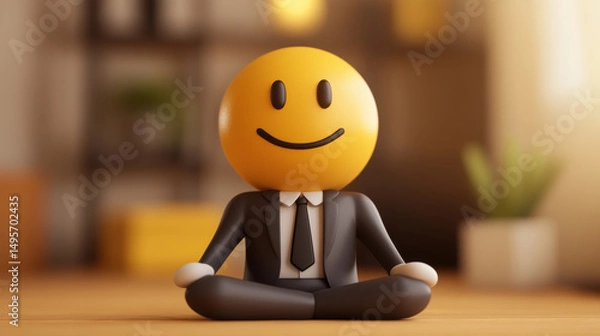 Fototapeta 3D illustration of a businessman with yellow smiling emoticon