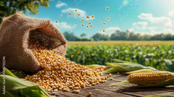 Fototapeta corn seeds in burlap sack on table with Corn field
