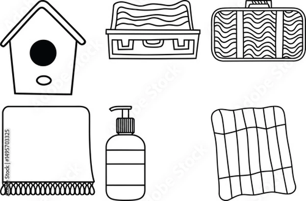 Fototapeta Bold Line Cozy Home Doodle Elements – Birdhouse, Blanket, Suitcase, Soap Bottle, and Mat