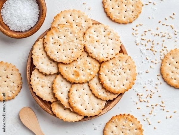 Obraz A bowl of rounded crackers arranged with sea salt and sesame. Realistic food scene.