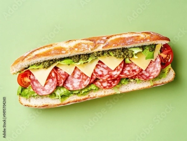 Obraz A long sandwich with a variety of ingredients including cheese, lettuce and tomatoes placed on green background. Realistic food scene.