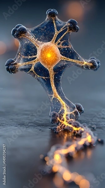 Obraz Illuminated Neuron Structure: A captivating 3D render of a neuron, depicting its intricate structure with a vibrant, glowing central body and branching dendrites. The model is on a subtle.