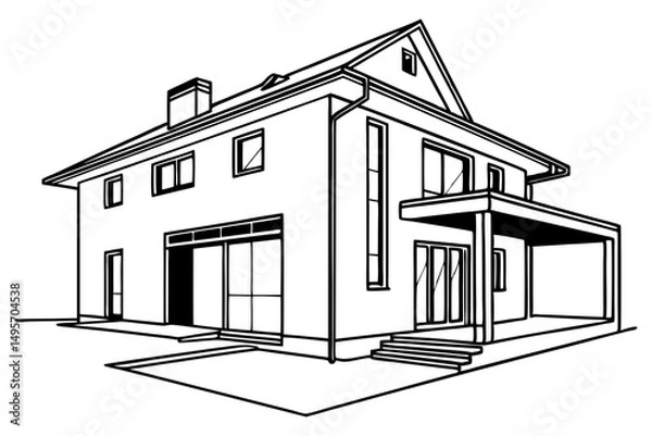 Fototapeta modern house single line drawing architectural sketch